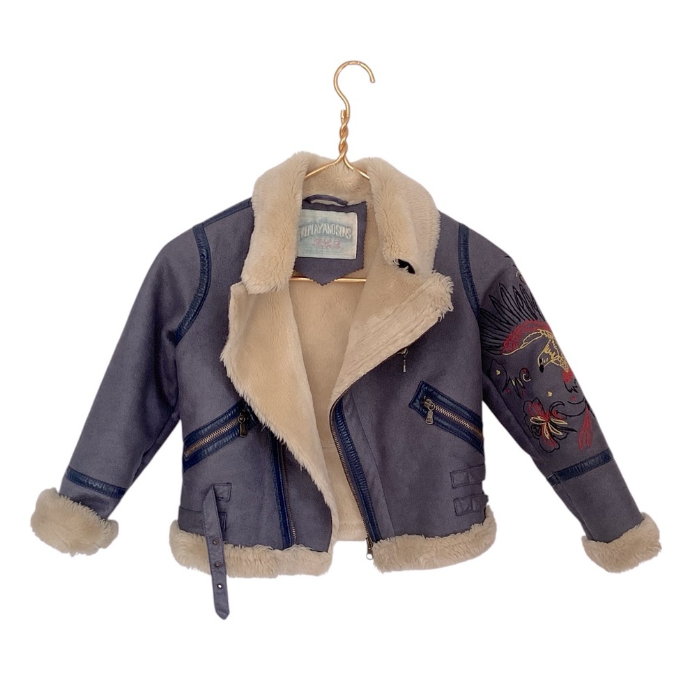 Replay & Sons Artsy Blue Bird Embroidered Moto Sherpa Lined Jacket XXS -Flawed